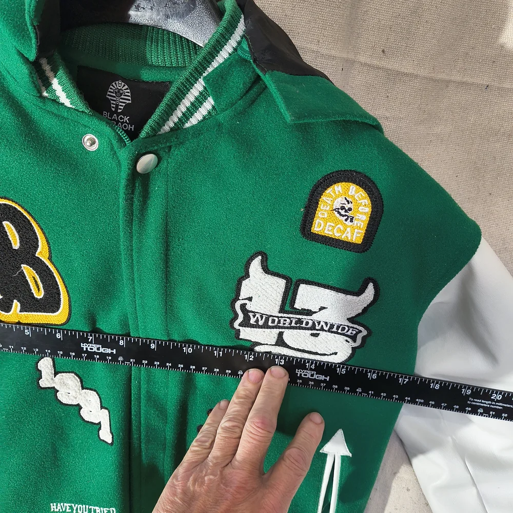 Black Pharoah Boy s Varsity Jacket Green & White W/Hood & Graphics / Patches